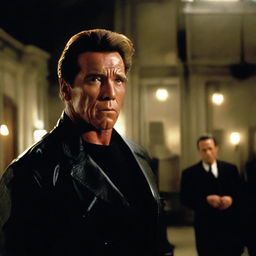 A suspense-filled scene featuring Arnold Schwarzenegger as a paranoid bodyguard in a psychological horror film. The scene is dramatic and eerie with gothic lighting, reflecting the anxiety and intensity of his character.