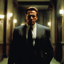 A suspense-filled scene featuring Arnold Schwarzenegger as a paranoid bodyguard in a psychological horror film. The scene is dramatic and eerie with gothic lighting, reflecting the anxiety and intensity of his character.