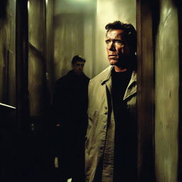 A suspense-filled scene featuring Arnold Schwarzenegger as a paranoid bodyguard in a psychological horror film. The scene is dramatic and eerie with gothic lighting, reflecting the anxiety and intensity of his character.