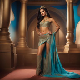 This is a high-resolution photograph of a Victoria's Secret model cosplaying as Princess Jasmine from Disney's Aladdin