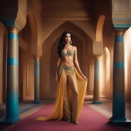 This is a high-resolution photograph of a Victoria's Secret model cosplaying as Princess Jasmine from Disney's Aladdin