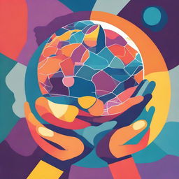 Abstract art portraying two stylized hands cradling a vibrant, patterned globe made from social media icons. Use bold, vibrant colors and strong compositions to evoke the sense of connection and unity.