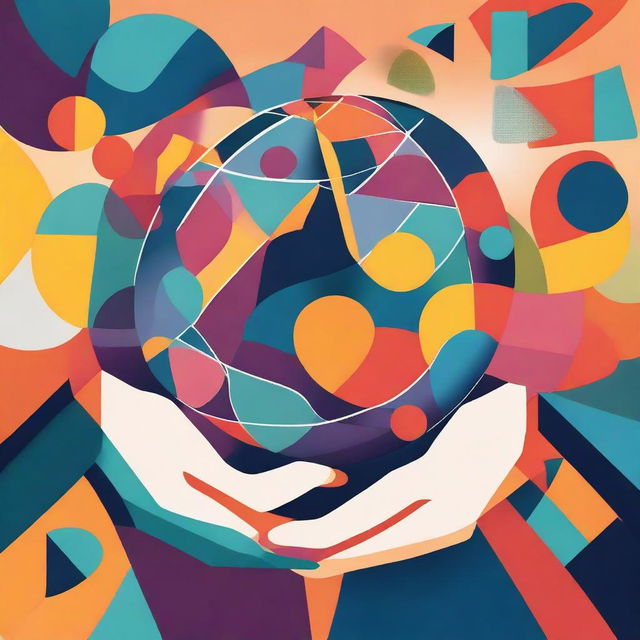 Abstract art portraying two stylized hands cradling a vibrant, patterned globe made from social media icons. Use bold, vibrant colors and strong compositions to evoke the sense of connection and unity.