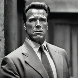 A dramatic and eerie black and white image showcasing Arnold Schwarzenegger as a paranoid bodyguard in a classic psychological horror movie. His tense expression and vigilant stance suggest a menacing atmosphere, paying homage to classic horror cinematography.