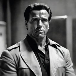 A dramatic and eerie black and white image showcasing Arnold Schwarzenegger as a paranoid bodyguard in a classic psychological horror movie. His tense expression and vigilant stance suggest a menacing atmosphere, paying homage to classic horror cinematography.