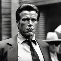 A dramatic and eerie black and white image showcasing Arnold Schwarzenegger as a paranoid bodyguard in a classic psychological horror movie. His tense expression and vigilant stance suggest a menacing atmosphere, paying homage to classic horror cinematography.