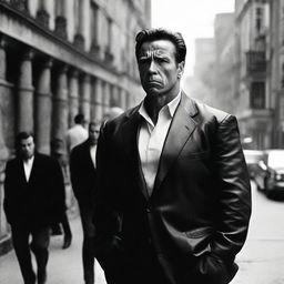 A dramatic and eerie black and white image showcasing Arnold Schwarzenegger as a paranoid bodyguard in a classic psychological horror movie. His tense expression and vigilant stance suggest a menacing atmosphere, paying homage to classic horror cinematography.