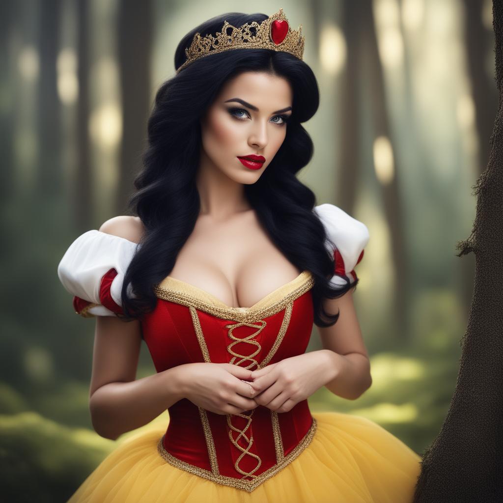 This is a high-resolution photograph of a Victoria's Secret model cosplaying as Snow White from Disney's Snow White and the Seven Dwarfs