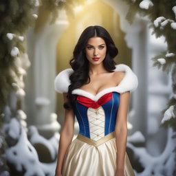 This is a high-resolution photograph of a Victoria's Secret model cosplaying as Snow White from Disney's Snow White and the Seven Dwarfs