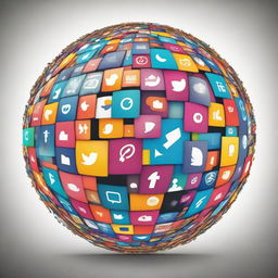 An abstract art representation of a globe made up of social media icons. Use a blend of vivid colors and unique patterns to creatively depict the global influence of social media.