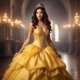 This is a high-resolution photograph of a Victoria's Secret model cosplaying as Belle from Disney's Beauty and the Beast
