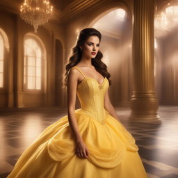 This is a high-resolution photograph of a Victoria's Secret model cosplaying as Belle from Disney's Beauty and the Beast