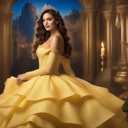This is a high-resolution photograph of a Victoria's Secret model cosplaying as Belle from Disney's Beauty and the Beast