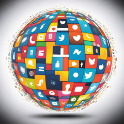 An abstract art representation of a globe made up of social media icons. Use a blend of vivid colors and unique patterns to creatively depict the global influence of social media.