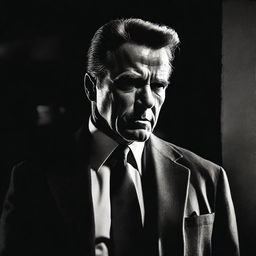 A noir-style, high-contrast image of Arnold Schwarzenegger as a paranoid bodyguard in a psychological horror film. He is depicted in a dramatic shadow and light scene that amplifies the feeling of intense suspense and paranoia.