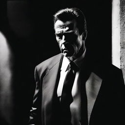 A noir-style, high-contrast image of Arnold Schwarzenegger as a paranoid bodyguard in a psychological horror film. He is depicted in a dramatic shadow and light scene that amplifies the feeling of intense suspense and paranoia.