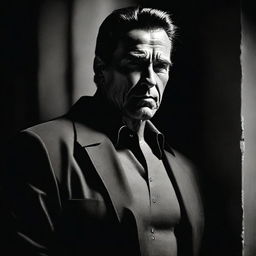 A noir-style, high-contrast image of Arnold Schwarzenegger as a paranoid bodyguard in a psychological horror film. He is depicted in a dramatic shadow and light scene that amplifies the feeling of intense suspense and paranoia.