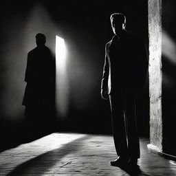 A noir-style, high-contrast image of Arnold Schwarzenegger as a paranoid bodyguard in a psychological horror film. He is depicted in a dramatic shadow and light scene that amplifies the feeling of intense suspense and paranoia.