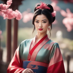 This is a high-resolution photograph of a Victoria's Secret model cosplaying as Mulan from Disney's Mulan