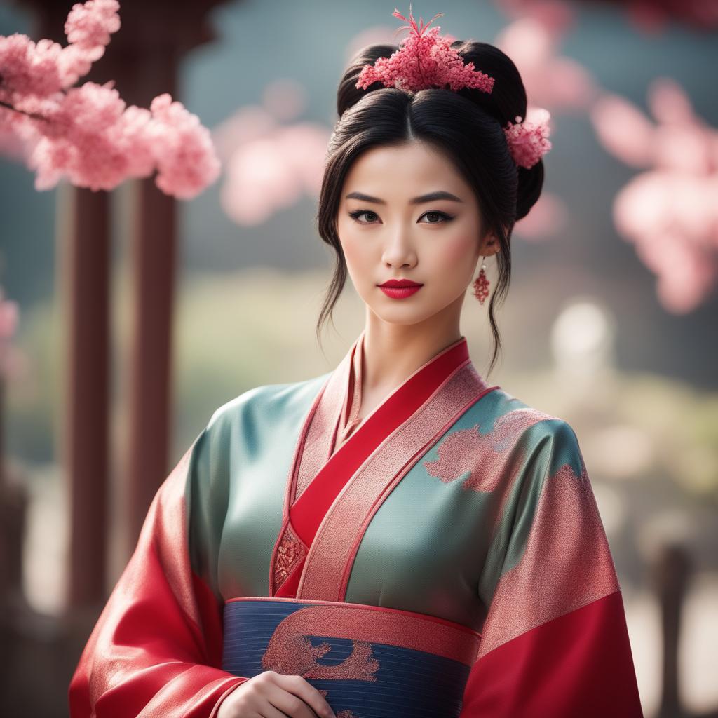 This is a high-resolution photograph of a Victoria's Secret model cosplaying as Mulan from Disney's Mulan
