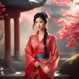 This is a high-resolution photograph of a Victoria's Secret model cosplaying as Mulan from Disney's Mulan