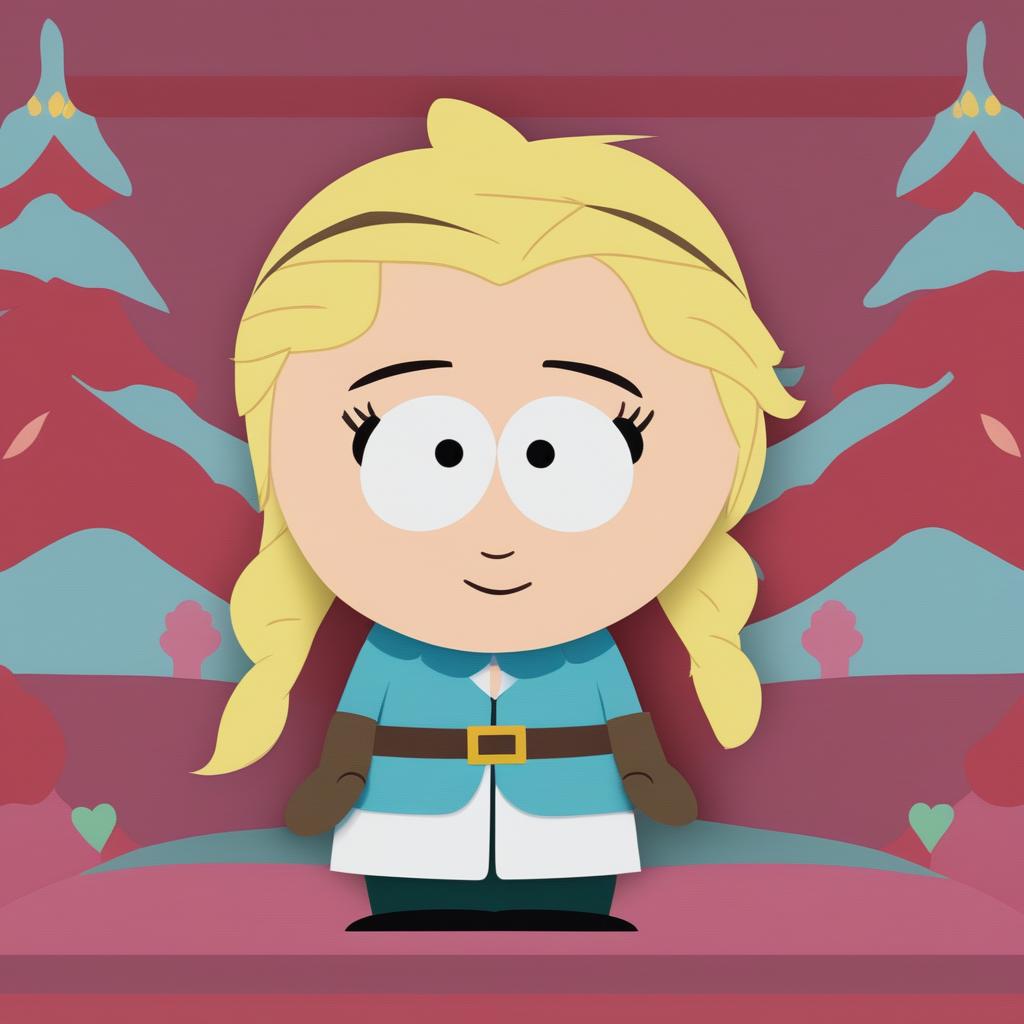 A digital art piece depicting Elsa from Disney's Frozen in the style of South Park