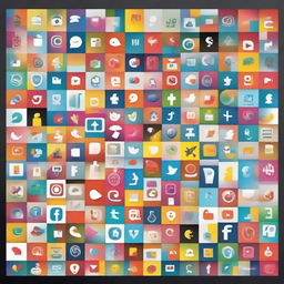 A vibrant poster styled in abstract art showcasing a world made up of colourful mosaic of social media icons, symbolizing global connectivity and interaction.