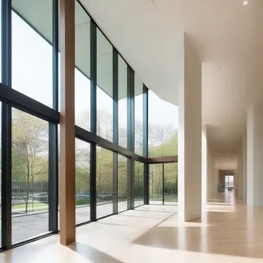 The designer used glass walls to create a pervasion of natural light throughout the building, giving it an open and airy feel.
