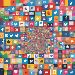 A vibrant poster styled in abstract art showcasing a world made up of colourful mosaic of social media icons, symbolizing global connectivity and interaction.