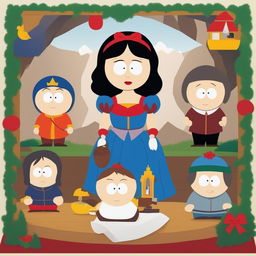 A digital art piece showcasing Snow White from Disney's classic film, reimagined in the simplistic, cut-out animation style of South Park