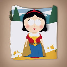 A digital art piece showcasing Snow White from Disney's classic film, reimagined in the simplistic, cut-out animation style of South Park