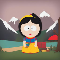 A digital art piece showcasing Snow White from Disney's classic film, reimagined in the simplistic, cut-out animation style of South Park