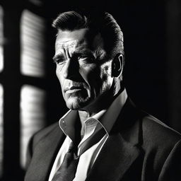 A striking noir-infused image of Arnold Schwarzenegger as a bodyguard in a psychological horror film. He stands dramatically in high contrast shadows and lights, exuding a sense of intense suspense and intrigue.