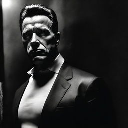 A striking noir-infused image of Arnold Schwarzenegger as a bodyguard in a psychological horror film. He stands dramatically in high contrast shadows and lights, exuding a sense of intense suspense and intrigue.