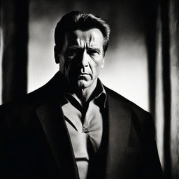 A striking noir-infused image of Arnold Schwarzenegger as a bodyguard in a psychological horror film. He stands dramatically in high contrast shadows and lights, exuding a sense of intense suspense and intrigue.