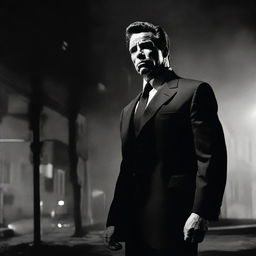 A striking noir-infused image of Arnold Schwarzenegger as a bodyguard in a psychological horror film. He stands dramatically in high contrast shadows and lights, exuding a sense of intense suspense and intrigue.