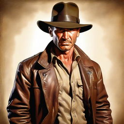 A detailed portrait of a character named Brandar Fraser, styled in the adventurous and iconic attire of Indiana Jones, complete with a fedora, leather jacket, whip, and satchel.