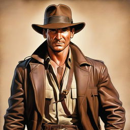 A detailed portrait of a character named Brandar Fraser, styled in the adventurous and iconic attire of Indiana Jones, complete with a fedora, leather jacket, whip, and satchel.