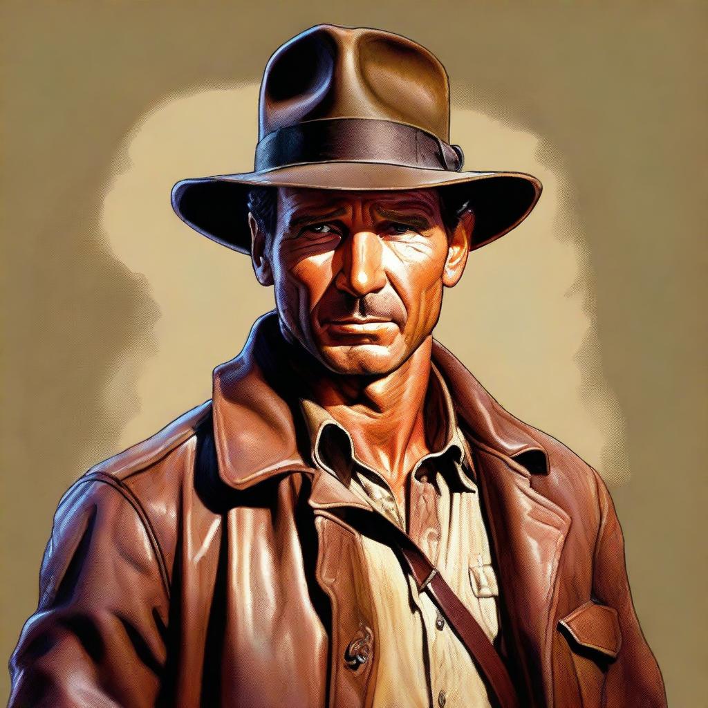 A detailed portrait of a character named Brandar Fraser, styled in the adventurous and iconic attire of Indiana Jones, complete with a fedora, leather jacket, whip, and satchel.