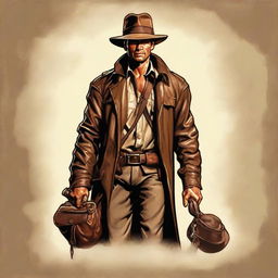 A detailed portrait of a character named Brandar Fraser, styled in the adventurous and iconic attire of Indiana Jones, complete with a fedora, leather jacket, whip, and satchel.