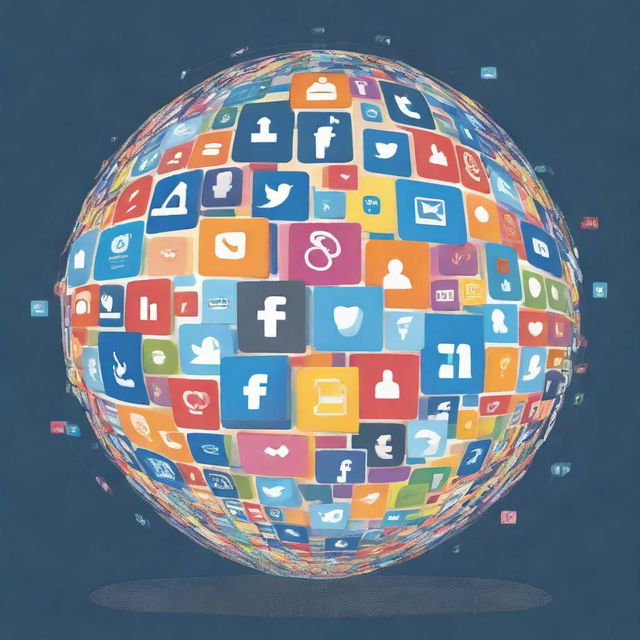 A creative poster showcasing a globe made up of various social media icons, highlighting the interweaving digital connections of the world.