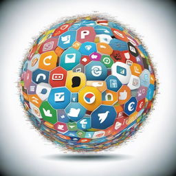 A creative poster showcasing a globe made up of various social media icons, highlighting the interweaving digital connections of the world.