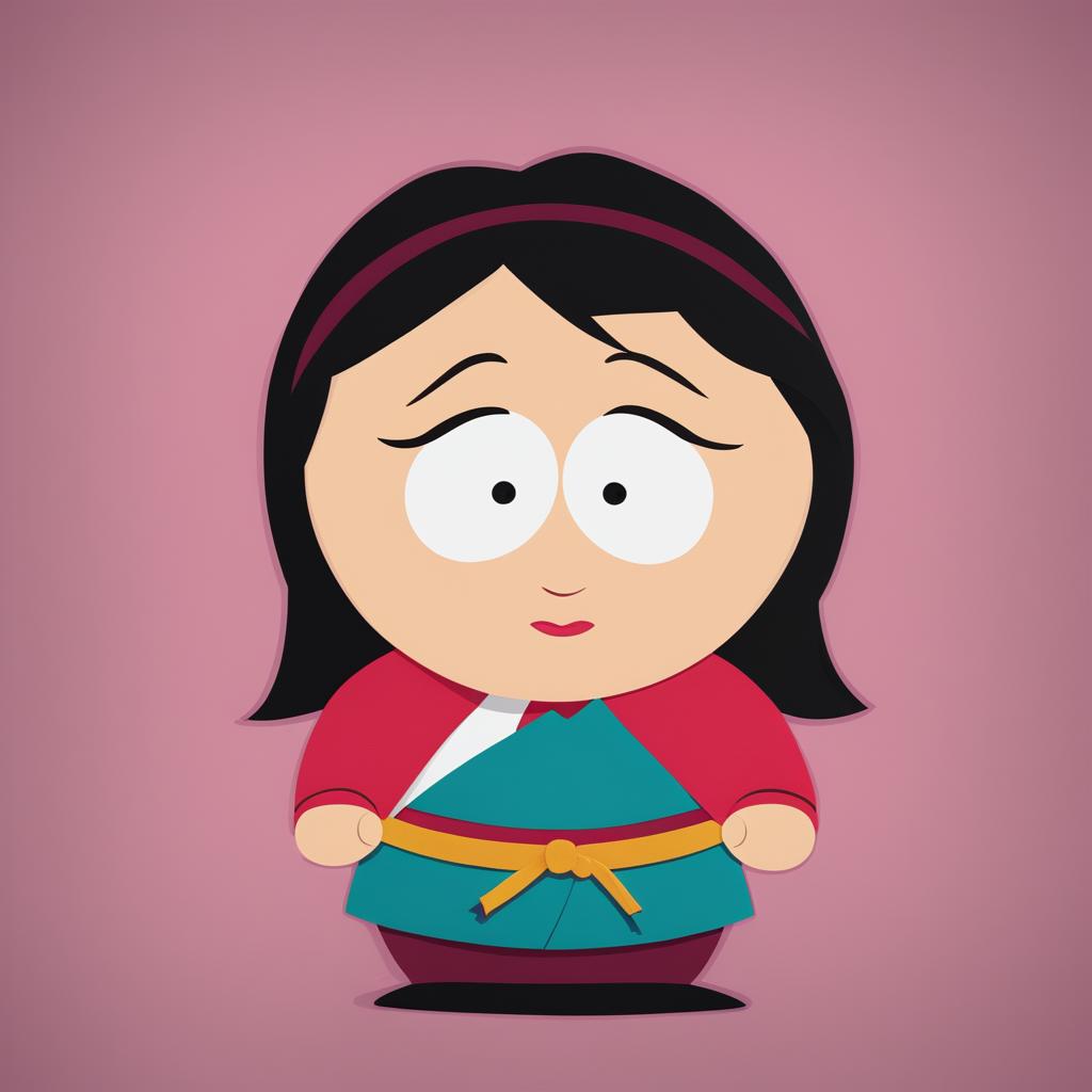 A digital art piece showcasing Mulan from Disney's classic film, reimagined in the simplistic, cut-out animation style of South Park