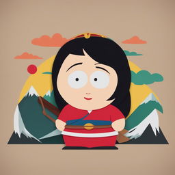 A digital art piece showcasing Mulan from Disney's classic film, reimagined in the simplistic, cut-out animation style of South Park