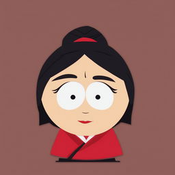 A digital art piece showcasing Mulan from Disney's classic film, reimagined in the simplistic, cut-out animation style of South Park