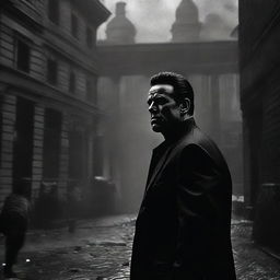 An atmospheric noir image of Arnold Schwarzenegger as a bodyguard in a Lovecraftian psychological horror film. Highlight subtly eerie elements suggested by the twisted reality of Lovecraft's universe, steeped in shadowy suspense.