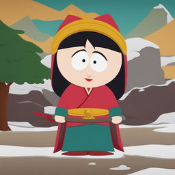 A digital art piece showcasing Mulan from Disney's classic film, reimagined in the simplistic, cut-out animation style of South Park