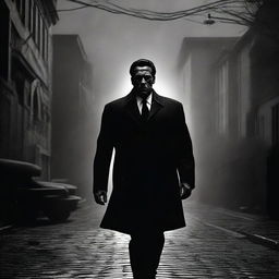 An atmospheric noir image of Arnold Schwarzenegger as a bodyguard in a Lovecraftian psychological horror film. Highlight subtly eerie elements suggested by the twisted reality of Lovecraft's universe, steeped in shadowy suspense.