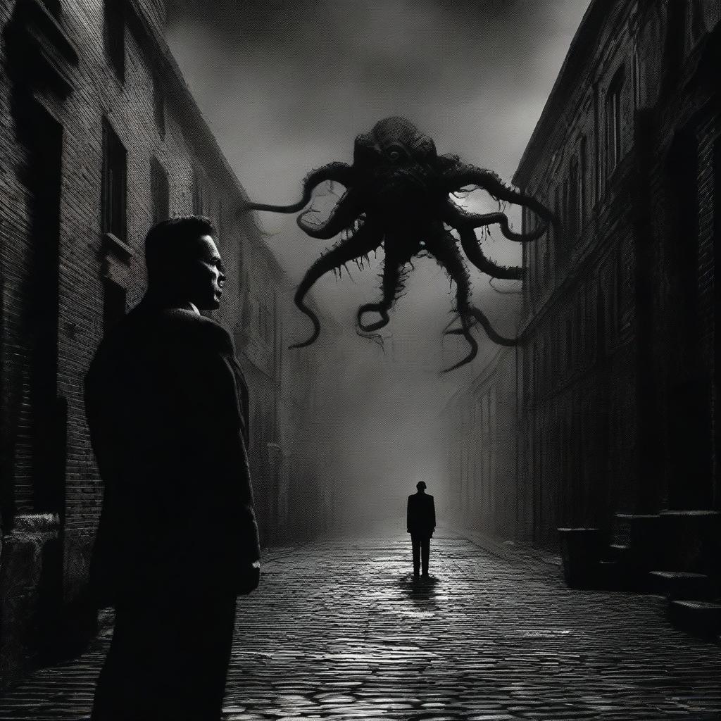 An atmospheric noir image of Arnold Schwarzenegger as a bodyguard in a Lovecraftian psychological horror film. Highlight subtly eerie elements suggested by the twisted reality of Lovecraft's universe, steeped in shadowy suspense.