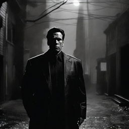 An atmospheric noir image of Arnold Schwarzenegger as a bodyguard in a Lovecraftian psychological horror film. Highlight subtly eerie elements suggested by the twisted reality of Lovecraft's universe, steeped in shadowy suspense.